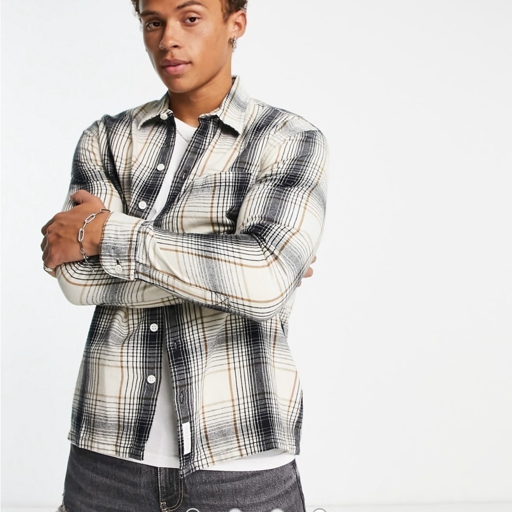 Hollister Mens Splice Check Lightweight Flannel Shirt Navy/Cream Size Small